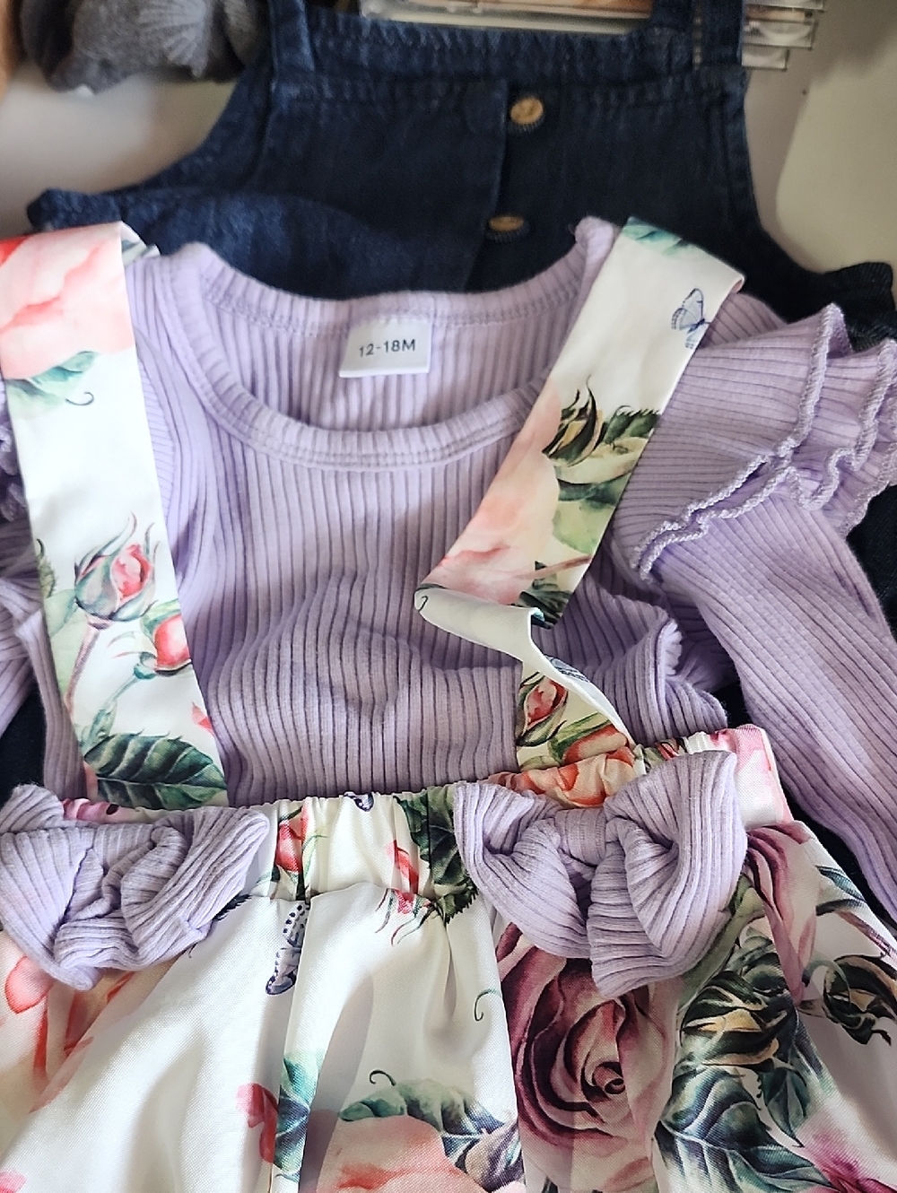 Lilac Ribbed Top with Floral Suspender Skirt 12 To 18 Mo Overalls 24 Month